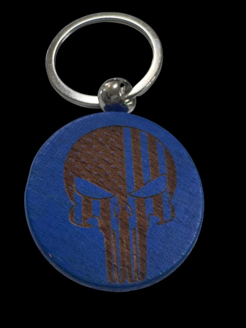 Wooden Keychain, Blue, Round, Laser Engraved Skull with American Flag, Thin Blue